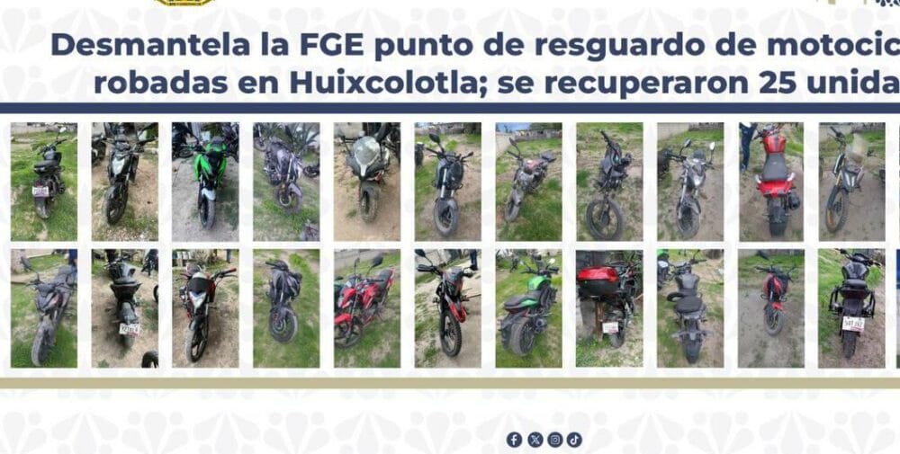 Desmantela la FGE punto de resguardo de motocicletas robadas en Huixcolotla; se recuperaron 25 unidades